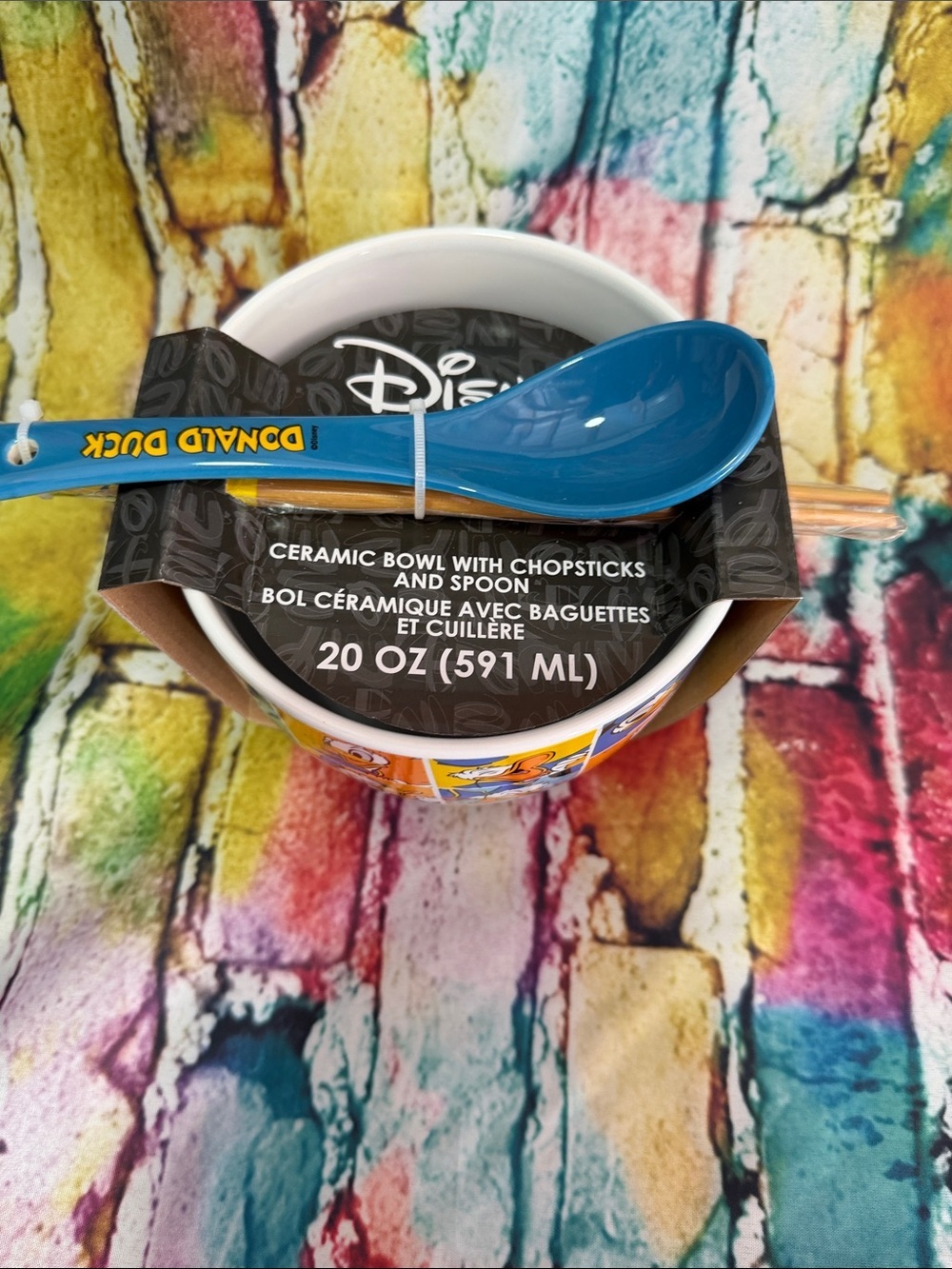 Disney Donald Duck Bowl Set with Blue Spoon and Wood Chopsticks